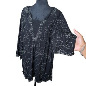 CJ Banks Women's 2X Plus Size Black Embellished 3/4 Sleeve Tunic Top Blouse